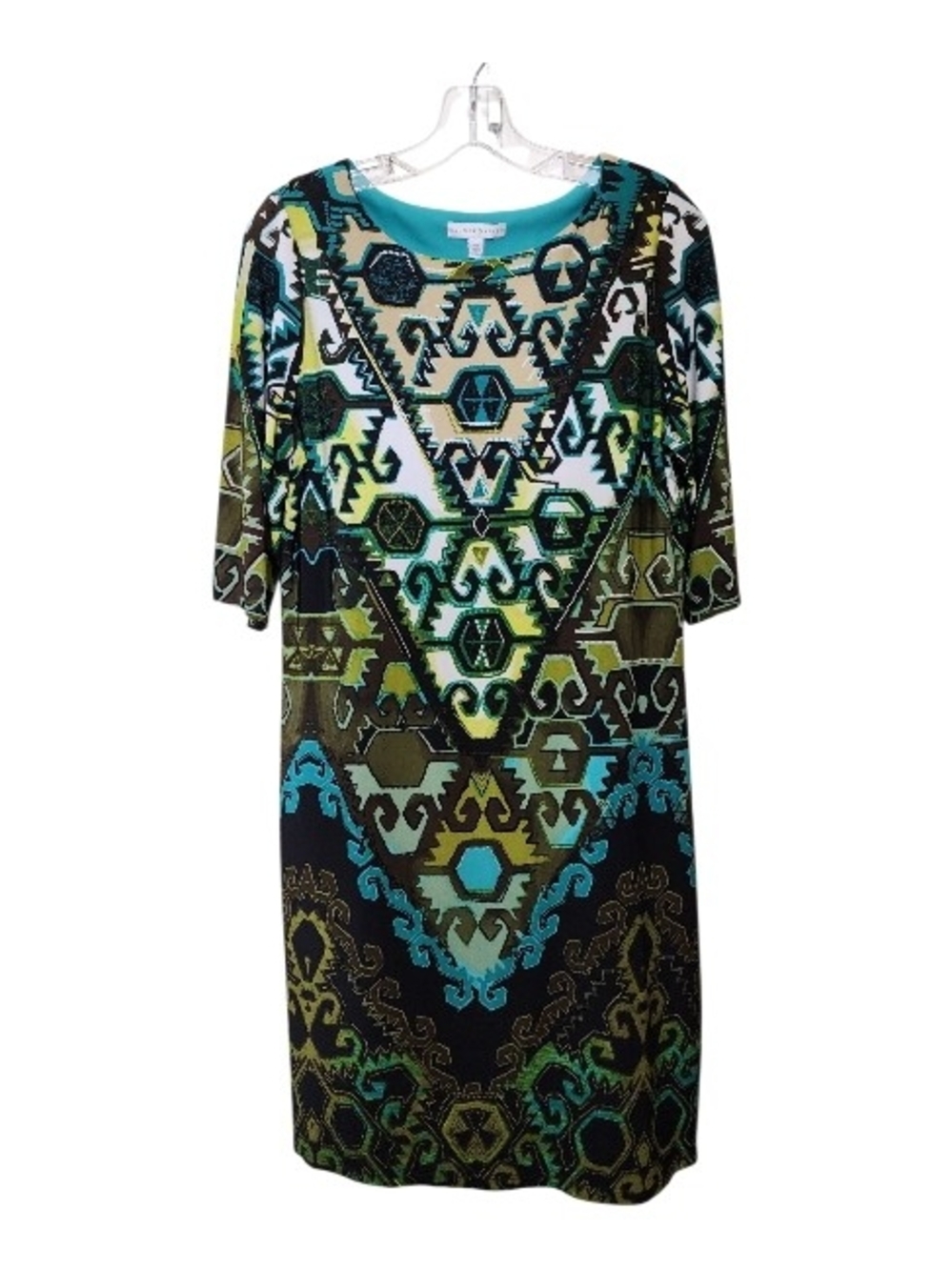Sandra Darren Teal, Black & Olive Abstract Print Dress Sz 10